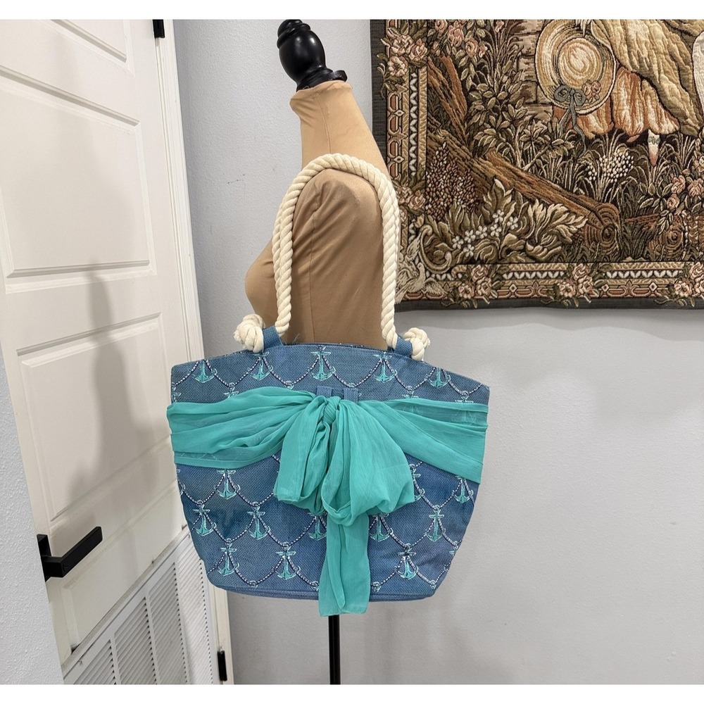 Mud‎ Pie Tote Bag Womens Large Blue Anchor Nautical Rope Handle Shoulder Beach